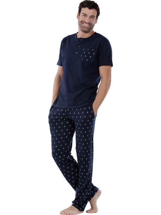 MEI Καλοκαιρινή Ανδρική Πιτζάμα Βαμβακερή Navy Blue