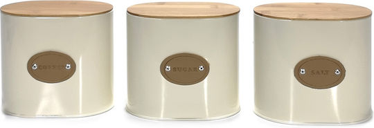 ArteLibre Set of 3 Jars for Coffee / Sugar with Lid & Stand Wooden White 13x11x15cm 3 Pieces