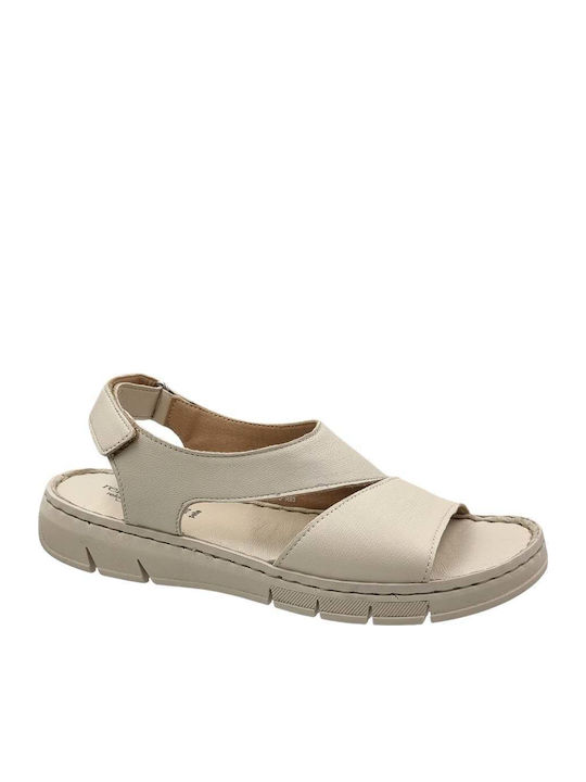 Leather Women's Flat Sandals in Beige Color