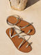 Leather Women's Flat Sandals in Silver Color