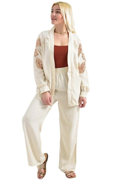 Women's Ecru Set with Pants with Elastic in Straight Line