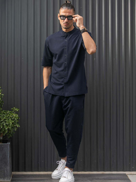 Short-sleeved Shirt in Wide Line Dark Blue