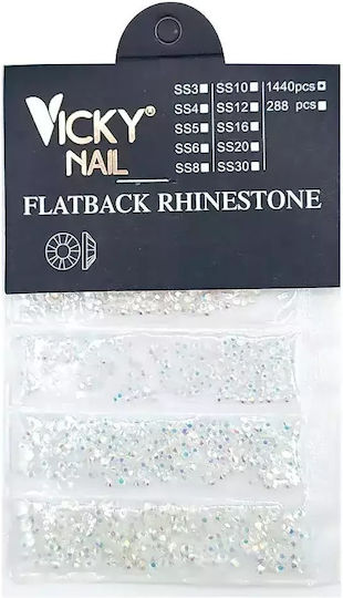 Vicky Nail плоски кристали за декорация на нокти, прозрачни иридисцентни, 4 размера, 1440 бр