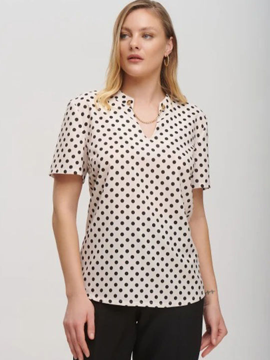 Women's Blouse Satin Short Sleeve with V Neckline Polka Dot White
