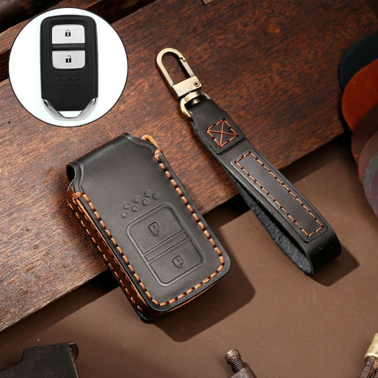 Hallmo Car Cowhide Leather Protective Key Cover Case Honda 2 Buttons Black