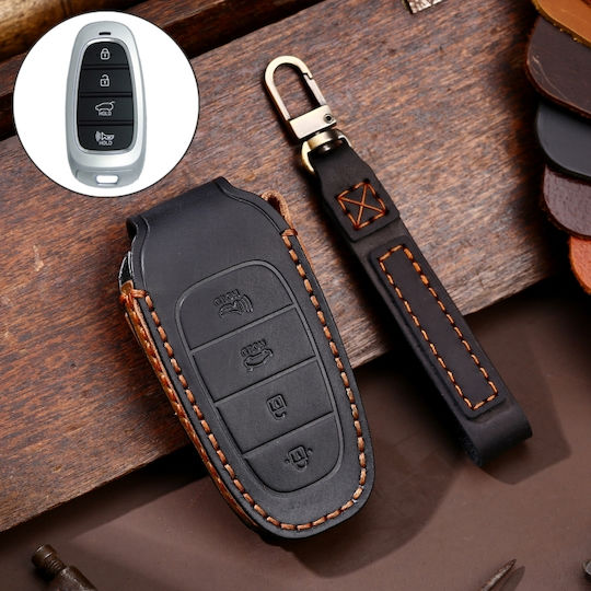 Hallmo Car Cowhide Leather Protective Key Cover Case for Hyundai 4 Buttons Black