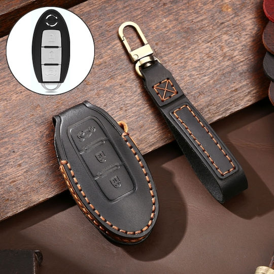 Hallmo Car Cowhide Leather Protective Key Cover Key Case Nissan Sylphy Tail Box 3 Buttons Black