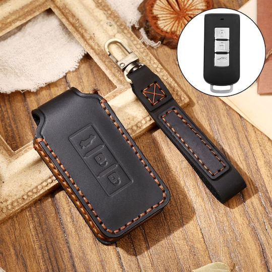 Hallmo Car Cowhide Leather Protective Key Cover Case for Mitsubishi Outlander Black