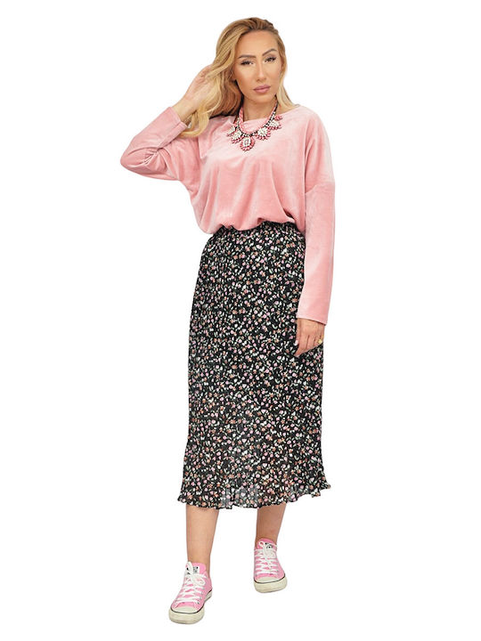 Pleated High-waisted Midi Skirt Floral Black