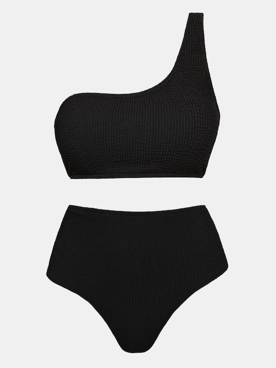 Ein-Schulter Crinkle Schwarzes Bikini-Set