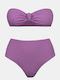 Schulterfreies Bikini-Set mit hoch taillierten gerafften Unterteilen in Lila