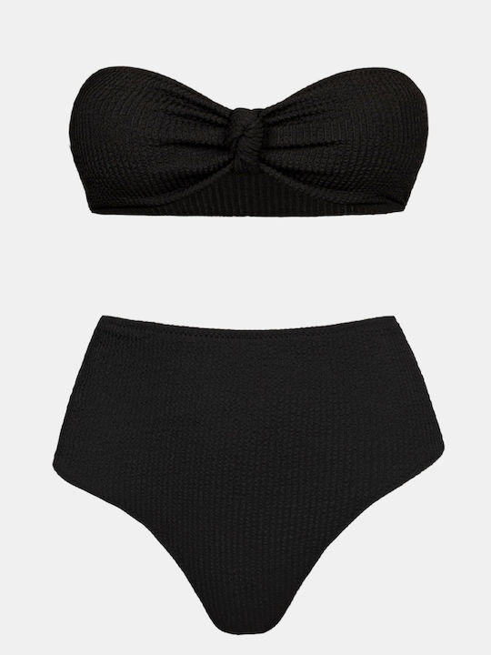 Strapless Bikini Set with High-Waisted Crinkle Bottom Black