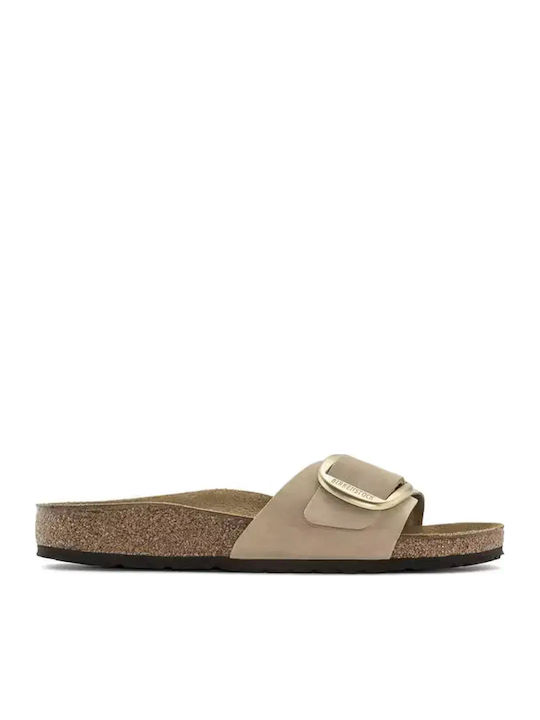 Madrid Big Buckle Leather Women's Flat Sandals in Beige Color Narrow Fit