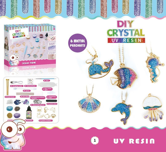 Set DIY 6 Pandantive Metalice Rășină UV Culori Sclipici Lanț Auriu Temă Ocean Copii 8 Ani+ Multicolor