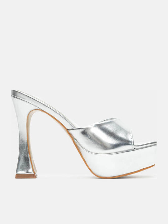 Mules from Patent Leather with Chunky High Heel in Silver Color
