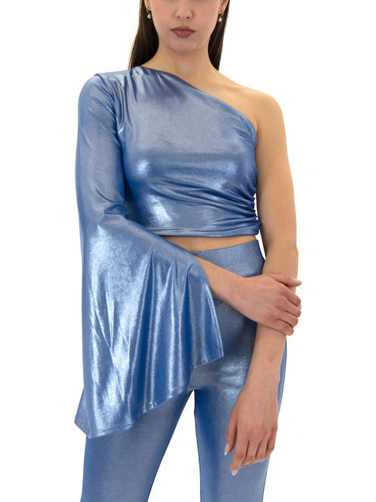Women's Crop Top Off-Shoulder Long Sleeve Blue