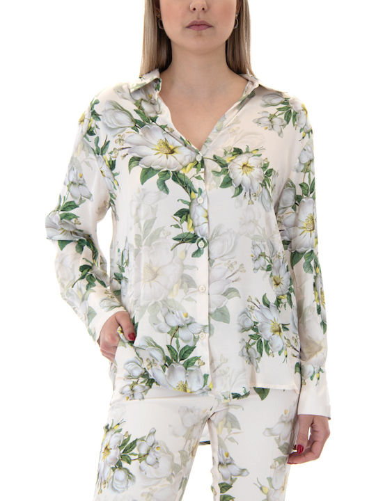 Women's Satin Floral Long Sleeve Shirt Ecru, Beige, Green
