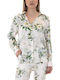 Women's Satin Floral Long Sleeve Shirt Ecru, Beige, Green