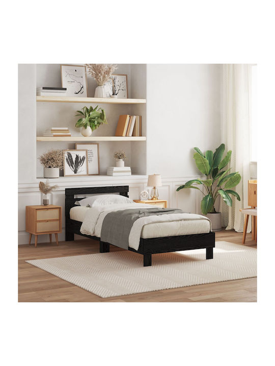 Pat Single Din Lemn Stejar Negru Cu Plăci Pentru Saltea 75x190cm