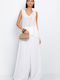Damen Hoch tailliert Leinen Hose mit Gummizug in Lockerer Passform White