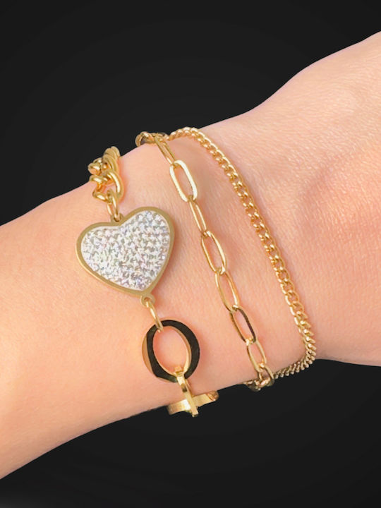 Women's Chain Bracelet with Heart Design in Gold Plated Stainless Steel 15.5cm