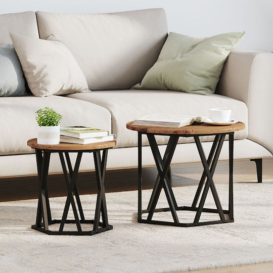Round Side Coffee Table Made of Solid Wood Brown 2 Pieces W50xL50xH40cm