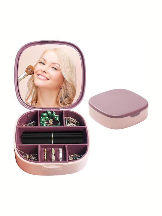 Pink Travel Jewellery Box with Drawer and Mirror 10x10cm