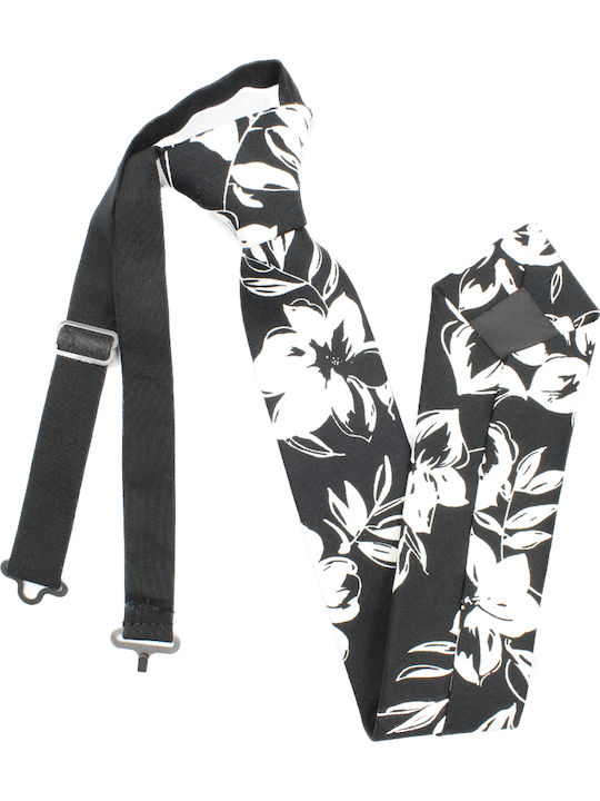 Damenkrawatte mit Blumenmuster Schwarz Weiß Vorgebunden Damenkrawatte mit Blumenmuster Schwarz Weiß Vorgebunden