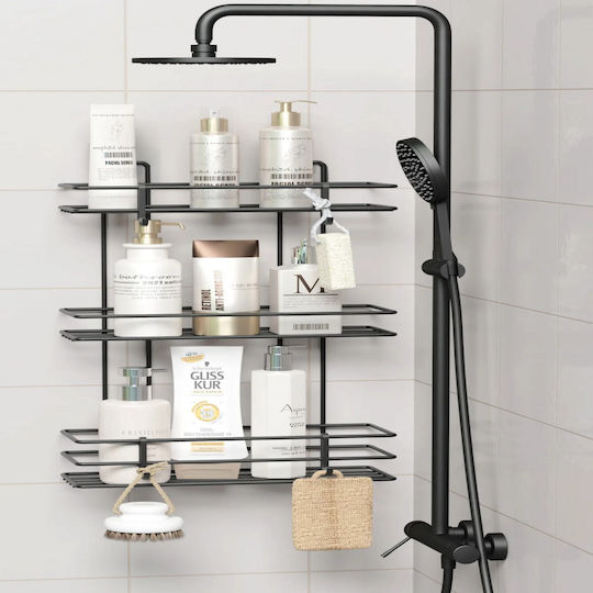 Femmit Wandmontiertes Metall-Schnappregal für das Badezimmer 3 Regalböden 4 Haken 10x25x48 cm Elektrostatische schwarze matte Oberfläche