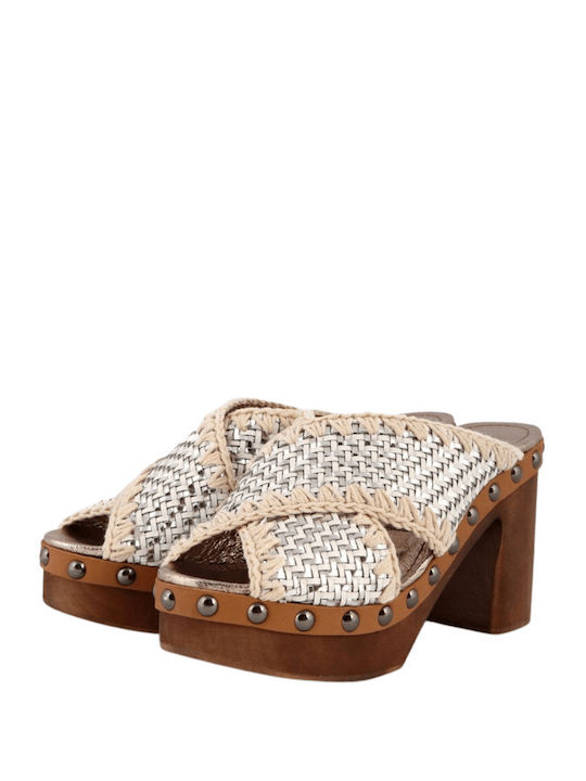 Leder Mules mit Chunky Hoch Absatz in Silber Farbe