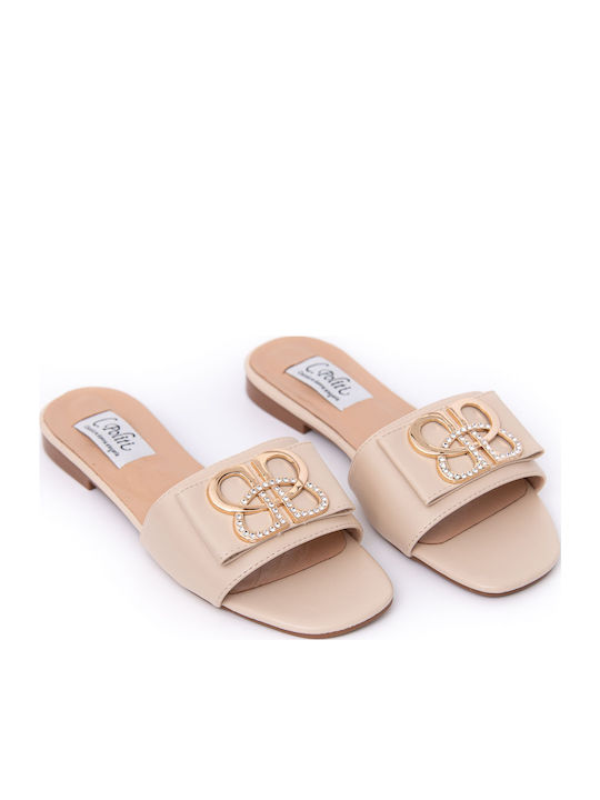Leather Women's Flat Sandals in Beige Color