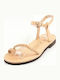 Leather Women's Flat Sandals with Strap in Beige Color