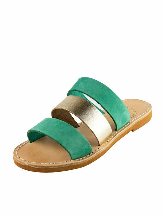 Leather Women's Flat Sandals in Green Color