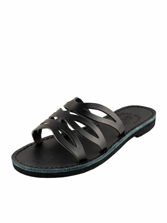 Leather Women's Flat Sandals in Black Color