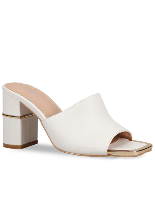 Mules with Chunky High Heel in White Color