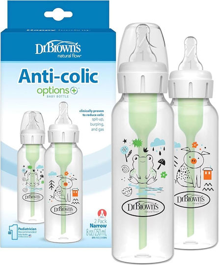 Dr. Brown's Plastic Baby Bottles Anti-Colic With Silicone Teat For 0+ Months White Pig/Frog 250ml 2 Pieces