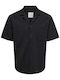 Short-sleeved Cotton Shirt in Wide Line Jet Black