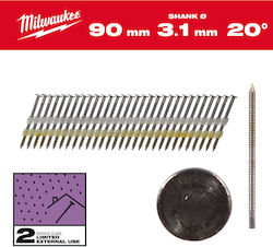 Cuie pentru cadre 20° Cap rotund galvanizat 3,1mm x 90mm Lungime 1750 bucăți Milwaukee 4058546419615