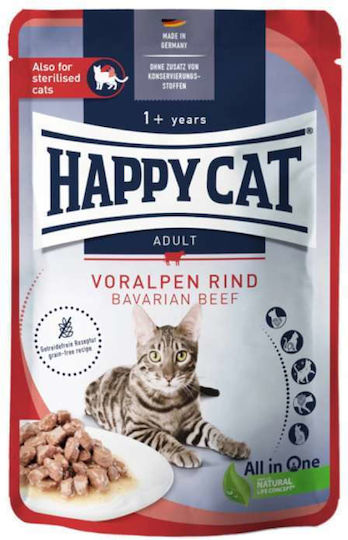 Happy Cat Nasses Katzenfutter für Erwachsene Katzen in Beutel mit Rindfleisch und Fleisch ohne Getreide 85g