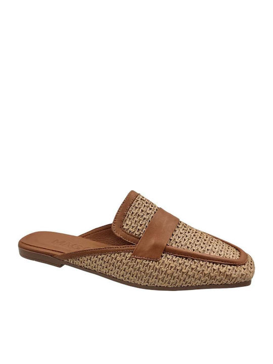 Flat Leather Mules in Tabac Brown Color
