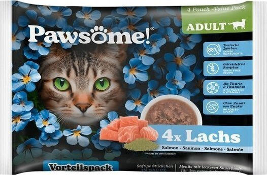 Pawsome Υγρή Τροφή για Ενήλικες Γάτες σε Φακελάκι με Σολομό 4x85gr