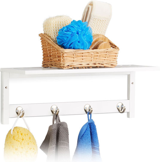 Wall Shelf Hallway 4 Hooks Relaxdays White Made Bamboo 17.5 X 50 X 16 Cm