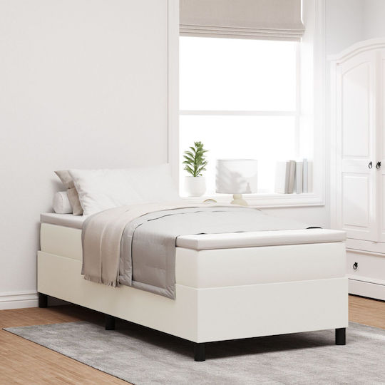 Υπόστρωμα Κρεβατιού Μονό Επενδυμένο με Ύφασμα Κρέμα με Τάβλες & Στρώμα 90x200cm