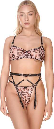 Set Sutien cu Imprimeu Animal, Tanga și Portjartier Leopard