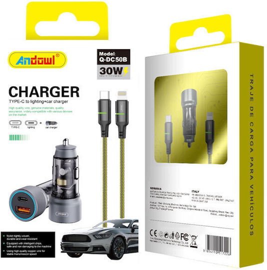 Andowl Q-dc50b Car Charger with Ports: 1xUSB 1xType-C with Cable Type-C