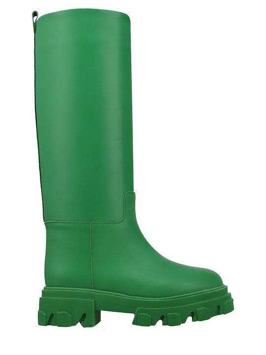 Leather Medium Heel Women's Boots Green
