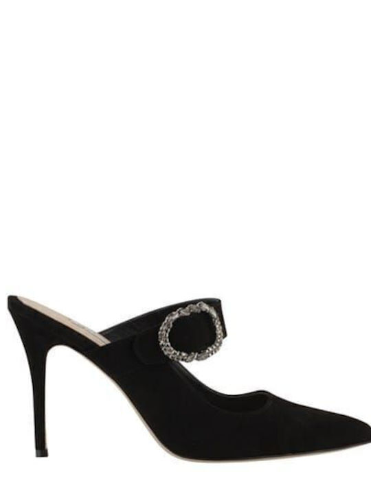 Leather Mules with High Heel in Black Color