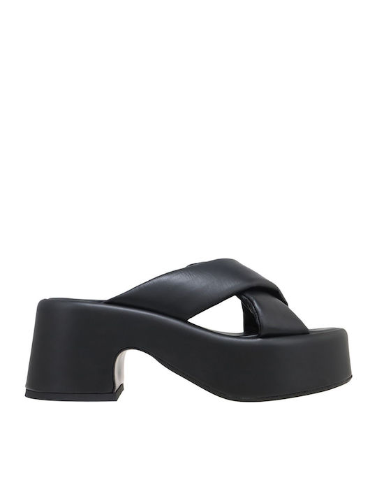 Leather Mules with Chunky Low Heel in Black Color
