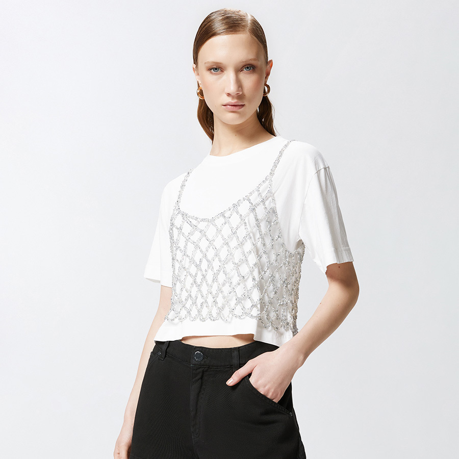Tシャツ・カットソー PINKO 105145 A2LT ZI6 Shirts T-shirt with crystal-embroidered Love Birds logo PINKO
