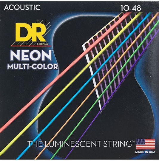 Струни за акустична китара Dr Strings Neon Multicolor Nmca-10 с покритие от фосфорен бронз 010 048 изключително леки